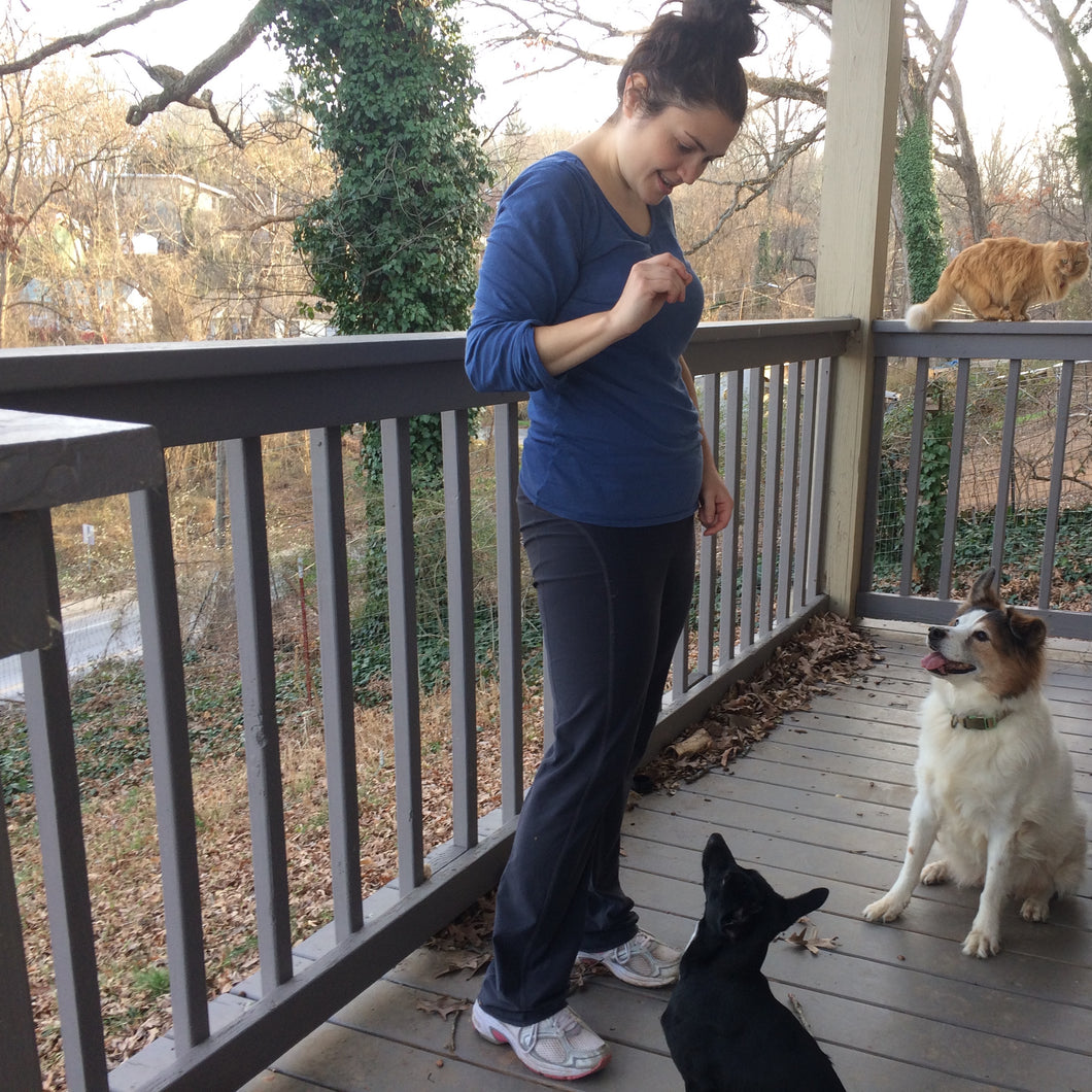 Dianna with her two dogs and cat